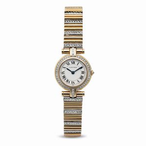 CARTIER - Raffinato orologio da polso in oro giallo e bianco 18k con diamanti su cassa e bracciale con movimento al quarzo