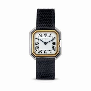 CARTIER - Elegante Ceinture Lady in oro bianco e giallo 18k a carica manuale quadrante bianco con numeri Romani minuteria Chemin de Fer.