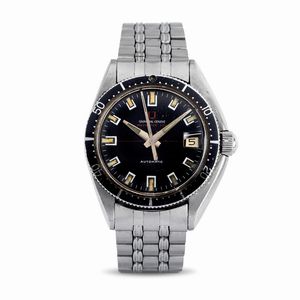 Universal Genève - Raro e attraente Pole Router orologio da polso subacqueo, cassa acciaio inossidabile asimmetrico con ghiera girevole graduata, quadrante nero, bracciale originale Gay Freres