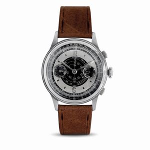 Eberhard Milano - Eccezionale cronografo a carica manuale in acciaio a due contatori, quadrante tre toni con scala telemetrica periferica e tachimetrica a chiocciola al centro, con lunetta a scalino e pulsanti a oliva