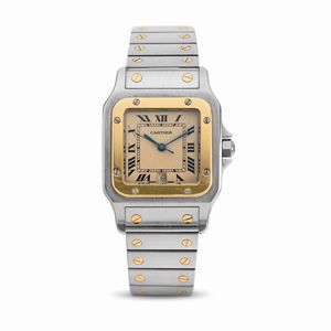 CARTIER - Iconico Santos Lady acciaio e oro giallo 18 k, movimento al quarzo, quadrante argent� con numeri Romani e datario ad ore sei
