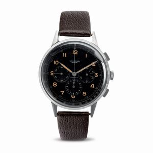 Universal Genève - Raro ed affascinante cronografo Compax fuori misura in acciaio, quadrante nero gilt con numeri Arabi al radio, anni '40.