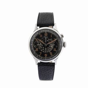 MINERVA - Raro cronografo monopulsante oversize in acciaio staybright  quadrante nero galvanico con numeri Arabi al radio, fondello a scatto carica manuale