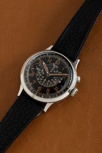 MINERVA : Raro cronografo monopulsante oversize in acciaio staybright  quadrante nero galvanico con numeri Arabi al radio, fondello a scatto carica manuale  - Asta Orologi da Polso - Associazione Nazionale - Case d'Asta italiane