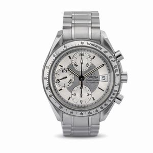 OMEGA - Sportivo Speedmaster in acciaio inossidabile con anse elicoidali, ghiera tachimetrica e tasti a pompa, quadrante argent� bitonale