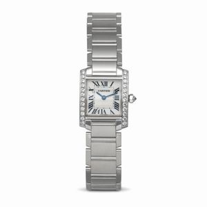 CARTIER - Raffinato Tank Francaise in oro bianco 18k e diamanti, movimento al quarzo con quadrante argent� e numeri romani