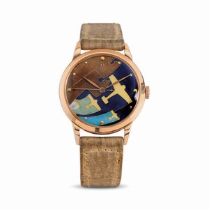 OMEGA - Raro e attraente orologio da polso in oro rosa 18k quadrante in smalto cloisonn� raffigurante una flotta di aerei in volo e una mappa della costa corredato da scatola e garanzia