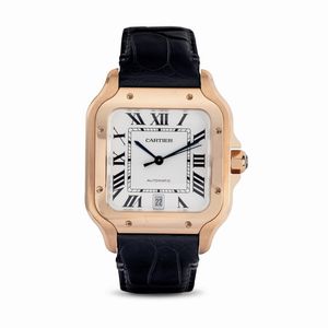 CARTIER - Santos in oro rosa 18k, movimento automatico con quadrante argent� e numeri romani, corredato da scatola e garanzia in ottimo stato di conservazione