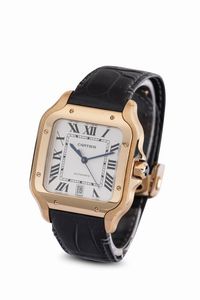 CARTIER : Santos in oro rosa 18k, movimento automatico con quadrante argent� e numeri romani, corredato da scatola e garanzia in ottimo stato di conservazione  - Asta Orologi da Polso - Associazione Nazionale - Case d'Asta italiane