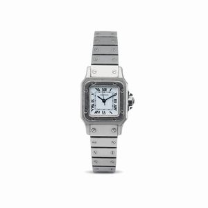 CARTIER - Elegante Santos Carr� lady acciaio automatico, quadrante bianco con numeri Romani e cabochon sulla corona