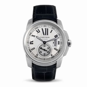 CARTIER - Calibre de Cartier a carica automatica con datario, in acciaio inossidabile, con quadrante argent� con numeri Romani fondo a vista