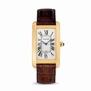 CARTIER - Prestigioso orologio Tank Americaine ref 1740, quadrante a lavorazione flinqu� argentato, lancette a forma di gladio di acciaio azzurrato, con deployante originale