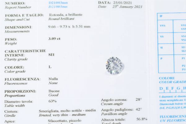 DIAMANTE : di ct 3 09 ca  colore L  purezza SI1. Certificato di analisi RAG D21003 25/01/2021  - Asta Gioielli - Associazione Nazionale - Case d'Asta italiane