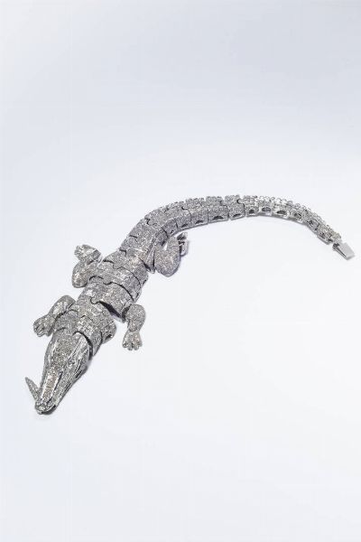 PALLADINO : Peso gr 89 Lunghezza cm 21 Bracciale in argento 925/1000  firmato Palladino  a forma di coccodrillo con corpo satinato e composto da segmenti mobili.  - Asta Gioielli - Associazione Nazionale - Case d'Asta italiane