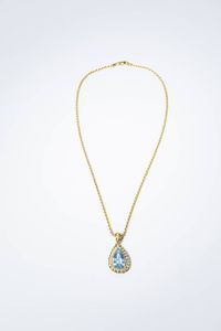 CATENA - Peso gr 15 8 in oro giallo lavorata torchon con ciondolo in oro bianco e giallo con acquamarina taglio a goccia  [..]