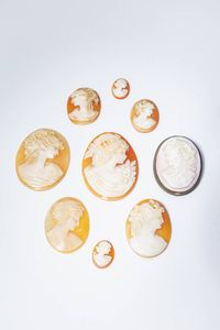 LOTTO DI NOVE CAMMEI - di varie forme e misure  Uno montato a spilla su struttura in metallo  gli altri senza montatura. Raffiguranti  [..]