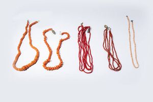 LOTTO DI CINQUE COLLANA IN CORALLO - di varia forma e misura. Chiusure in argento e metallo. Accompagnato da certificato telematico di autenticit  [..]
