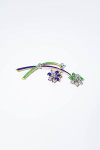 CIRIO E BONISOLI - Peso gr 19 7 Cm 8 5x3 Spilla in oro e palladio  firmata Cirio-Bonisoli  a forma di fiori  interamente in smalto  [..]