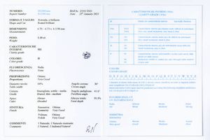 DIAMANTE - di ct 1 10 ca  colore H  purezza SI1 Certificato di analisi RAG  n. D21001 25/01/2021.