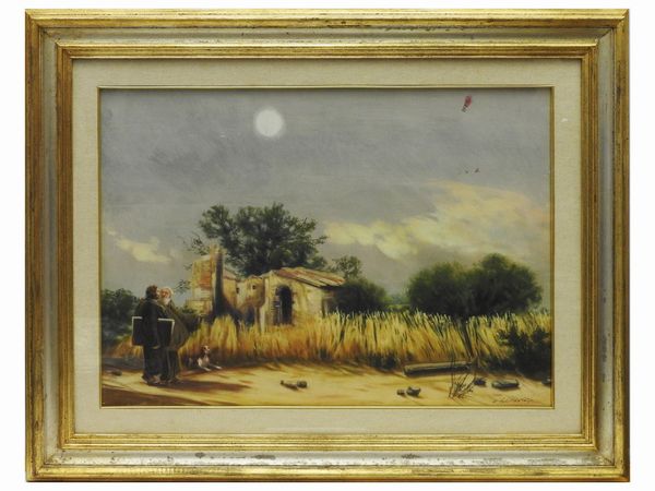 Silvestro Pistolesi : Paesaggio con frati  - Asta 	 Una casa fiorentina. Tra tradizione e modernit Arte moderna e contemporanea Raccolta di dipinti moderni e Design - II  - Associazione Nazionale - Case d'Asta italiane