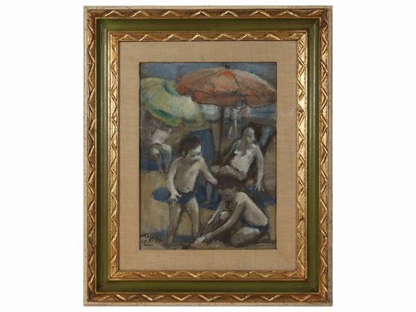 Ermanno Toschi : Veduta di spiaggia con personaggi  - Asta 	 Una casa fiorentina. Tra tradizione e modernit Arte moderna e contemporanea Raccolta di dipinti moderni e Design - II  - Associazione Nazionale - Case d'Asta italiane