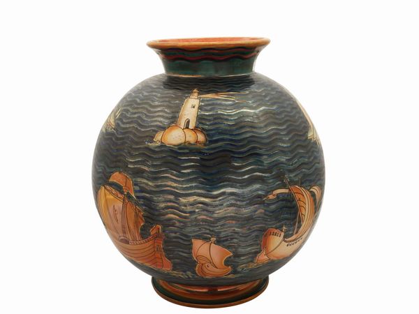 Vaso globulare in terracotta invetriata a lustro, Tito Chini  - Asta 	 Una casa fiorentina. Tra tradizione e modernit Arte moderna e contemporanea Raccolta di dipinti moderni e Design - II  - Associazione Nazionale - Case d'Asta italiane