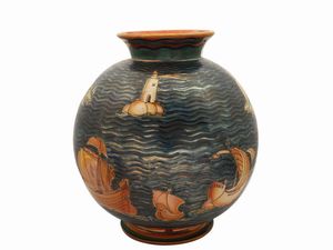 Vaso globulare in terracotta invetriata a lustro, Tito Chini  - Asta 	 Una casa fiorentina. Tra tradizione e modernit Arte moderna e contemporanea Raccolta di dipinti moderni e Design - II  - Associazione Nazionale - Case d'Asta italiane