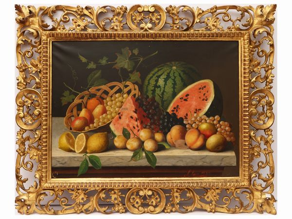 Michelangelo Meucci : Natura morta con frutta 1899  - Asta Una casa fiorentina. Tra tradizione e modernit Le collezioni, i dipinti, gli arredi - III  - Associazione Nazionale - Case d'Asta italiane