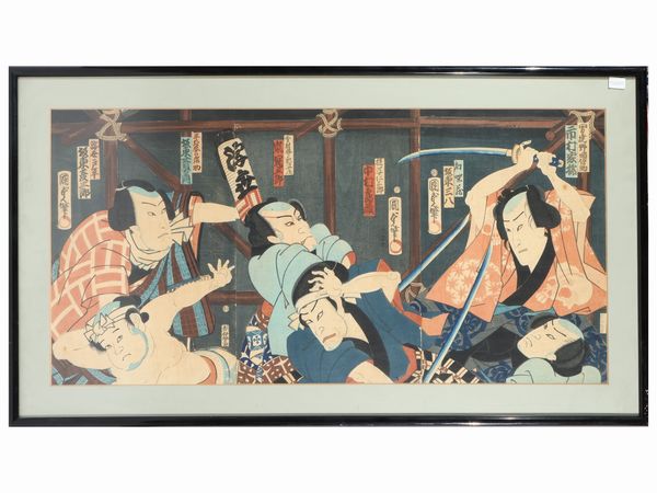 UTAGAWA KUNISADA : Trittico di xilografie policrome  - Asta Una casa fiorentina. Tra tradizione e modernit� Le collezioni, i dipinti, gli arredi - III  - Associazione Nazionale - Case d'Asta italiane