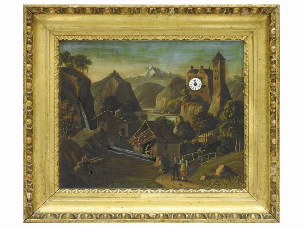 Scuola francese : Tableau Horloge con paesaggio montano con veduta di mulino e fiume  - Asta Una casa fiorentina. Tra tradizione e modernit Le collezioni, i dipinti, gli arredi - III  - Associazione Nazionale - Case d'Asta italiane