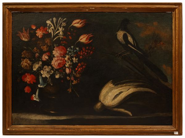 Giuseppe Pesci : Natura morta con fiori e volatili  - Asta Una casa fiorentina. Tra tradizione e modernit Le collezioni, i dipinti, gli arredi - III  - Associazione Nazionale - Case d'Asta italiane