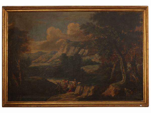 Scuola veneta del XVII secolo : Riposo durante la fuga in Egitto  - Asta Una casa fiorentina. Tra tradizione e modernit Le collezioni, i dipinti, gli arredi - III  - Associazione Nazionale - Case d'Asta italiane