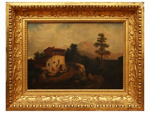 Scuola francese : Paesaggi montani con vedute di case  - Asta Una casa fiorentina. Tra tradizione e modernit Le collezioni, i dipinti, gli arredi - III  - Associazione Nazionale - Case d'Asta italiane