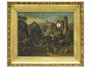 Scuola francese - Tableau Horloge con paesaggio montano con veduta di mulino e fiume