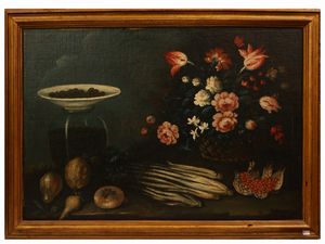 Giuseppe Pesci - Natura morta con fiori e legumi