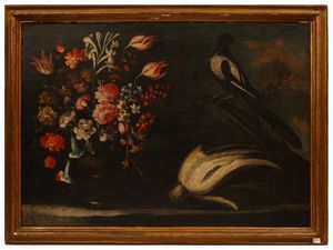 Giuseppe Pesci - Natura morta con fiori e volatili