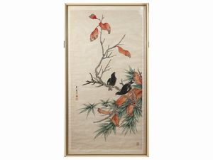 Li Hechou - Due volatili su rami con foglie