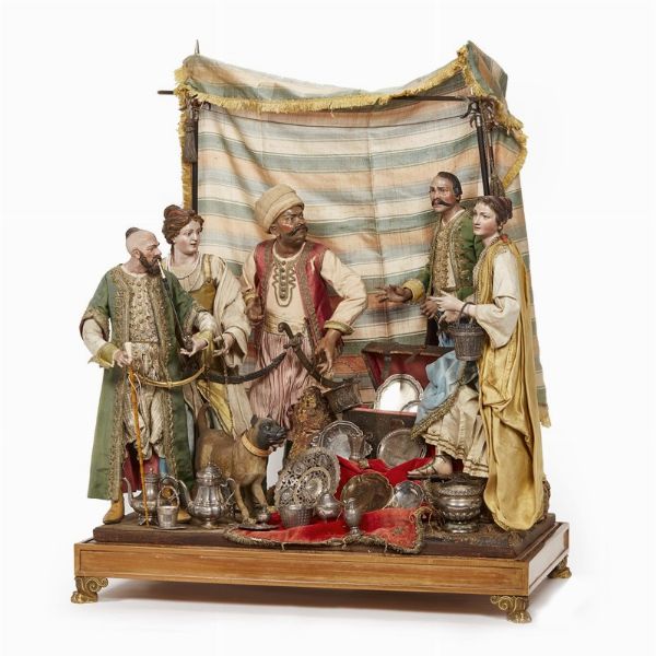 GRUPPO DI FIGURE ORIENTALI E GEORGIANE, NAPOLI, FINE SECOLO XVIII  - Asta ASTA A TEMPO | PASTORI DA PRESEPE NAPOLETANI DA UN'IMPORTANTE COLLEZIONE TOSCANA - Associazione Nazionale - Case d'Asta italiane