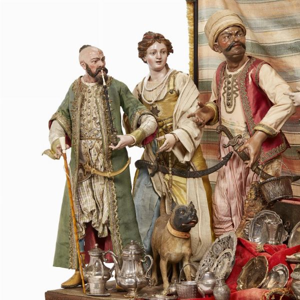GRUPPO DI FIGURE ORIENTALI E GEORGIANE, NAPOLI, FINE SECOLO XVIII  - Asta ASTA A TEMPO | PASTORI DA PRESEPE NAPOLETANI DA UN'IMPORTANTE COLLEZIONE TOSCANA - Associazione Nazionale - Case d'Asta italiane