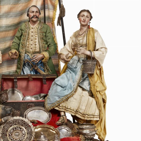 GRUPPO DI FIGURE ORIENTALI E GEORGIANE, NAPOLI, FINE SECOLO XVIII  - Asta ASTA A TEMPO | PASTORI DA PRESEPE NAPOLETANI DA UN'IMPORTANTE COLLEZIONE TOSCANA - Associazione Nazionale - Case d'Asta italiane