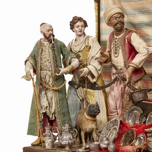 GRUPPO DI FIGURE ORIENTALI E GEORGIANE, NAPOLI, FINE SECOLO XVIII  - Asta ASTA A TEMPO | PASTORI DA PRESEPE NAPOLETANI DA UN'IMPORTANTE COLLEZIONE TOSCANA - Associazione Nazionale - Case d'Asta italiane