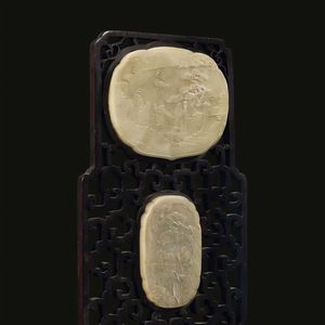 SEPARÉ DA TAVOLO CON DUE PLACCHE IN GIADA, CINA, DINASTIA QING, SEC. XIX  - Asta Arte Orientale - Associazione Nazionale - Case d'Asta italiane