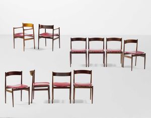 GIANFRANCO FRATTINI - Otto sedie e due capotavola variante mod. 101