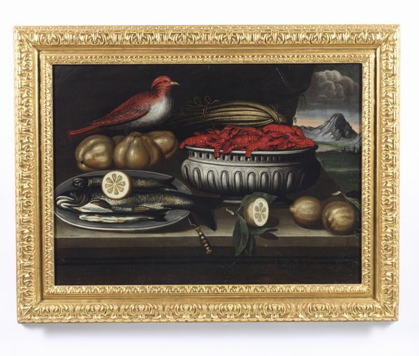 ARTISTA PIEMONTESE DEL XVII SECOLO : Coppia di dipinti raffiguranti natura morta con pesci, aragoste, limoni e uccello. natura morta con piatto di mele, cesto di azzeruoli e melagrane  - Asta Asta 432 | ARTE ANTICA E DEL XIX SECOLO Tradizionale - Associazione Nazionale - Case d'Asta italiane