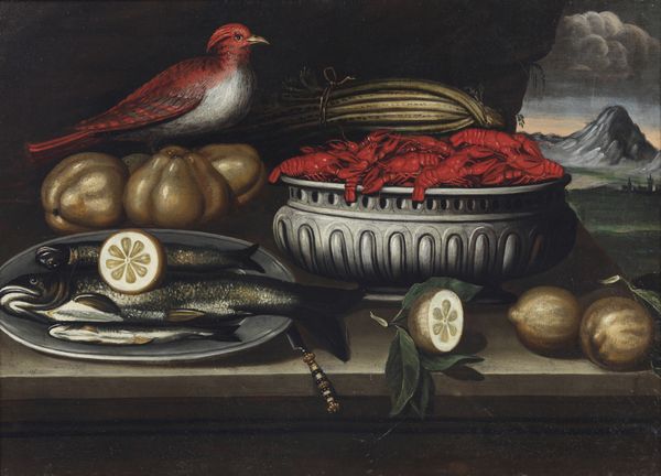 ARTISTA PIEMONTESE DEL XVII SECOLO : Coppia di dipinti raffiguranti natura morta con pesci, aragoste, limoni e uccello. natura morta con piatto di mele, cesto di azzeruoli e melagrane  - Asta Asta 432 | ARTE ANTICA E DEL XIX SECOLO Tradizionale - Associazione Nazionale - Case d'Asta italiane