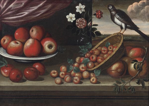 ARTISTA PIEMONTESE DEL XVII SECOLO : Coppia di dipinti raffiguranti natura morta con pesci, aragoste, limoni e uccello. natura morta con piatto di mele, cesto di azzeruoli e melagrane  - Asta Asta 432 | ARTE ANTICA E DEL XIX SECOLO Tradizionale - Associazione Nazionale - Case d'Asta italiane