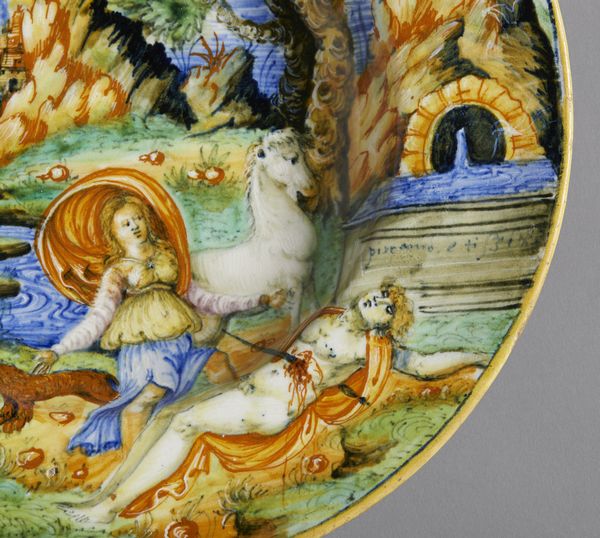 BOTTEGA DI LUDOVICO E ANGELO PICCHI, CASTELDURANTE 1550-1560 CIRCA : Piatto in maiolica dipinta in policromia raffigurante il mito di Piramo e Tisbe  - Asta Asta 432 | ARTE ANTICA E DEL XIX SECOLO Tradizionale - Associazione Nazionale - Case d'Asta italiane
