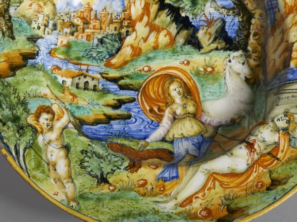 BOTTEGA DI LUDOVICO E ANGELO PICCHI, CASTELDURANTE 1550-1560 CIRCA : Piatto in maiolica dipinta in policromia raffigurante il mito di Piramo e Tisbe  - Asta Asta 432 | ARTE ANTICA E DEL XIX SECOLO Tradizionale - Associazione Nazionale - Case d'Asta italiane