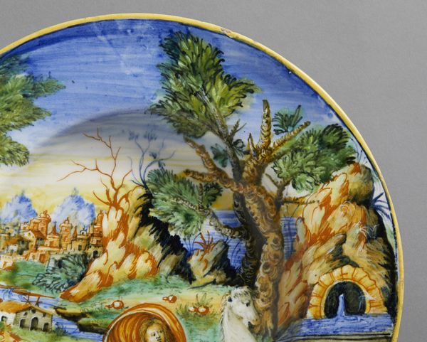 BOTTEGA DI LUDOVICO E ANGELO PICCHI, CASTELDURANTE 1550-1560 CIRCA : Piatto in maiolica dipinta in policromia raffigurante il mito di Piramo e Tisbe  - Asta Asta 432 | ARTE ANTICA E DEL XIX SECOLO Tradizionale - Associazione Nazionale - Case d'Asta italiane