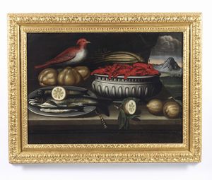 ARTISTA PIEMONTESE DEL XVII SECOLO : Coppia di dipinti raffiguranti natura morta con pesci, aragoste, limoni e uccello. natura morta con piatto di mele, cesto di azzeruoli e melagrane  - Asta Asta 432 | ARTE ANTICA E DEL XIX SECOLO Tradizionale - Associazione Nazionale - Case d'Asta italiane